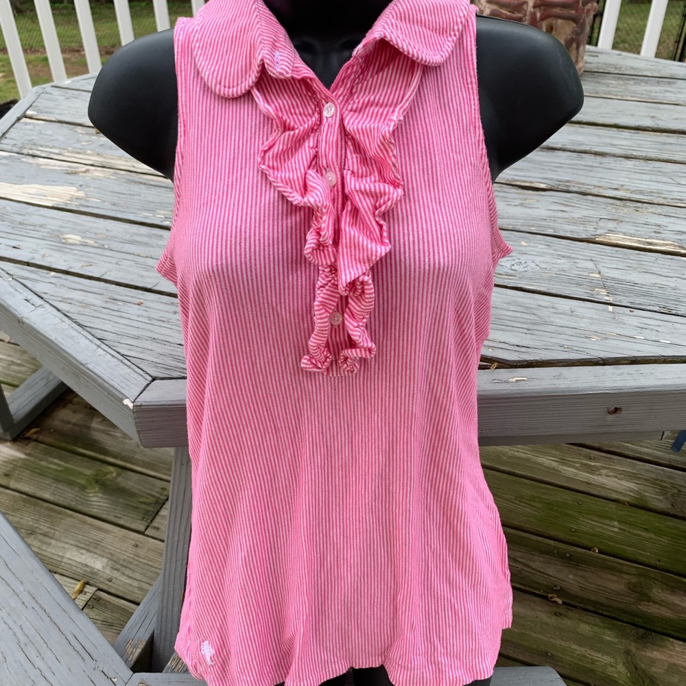 Lilly Pulitzer Drew pink polo top/stripes sleeveless ruffle front M